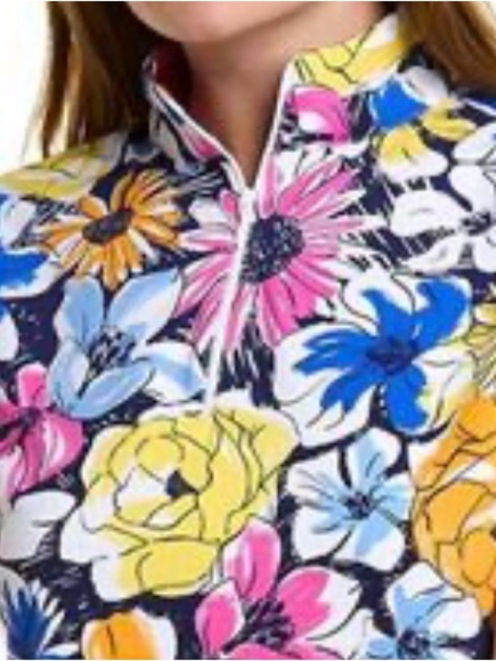IBKUL Bright Floral Quarter-Zip Top in Yellow, Pink & Blue